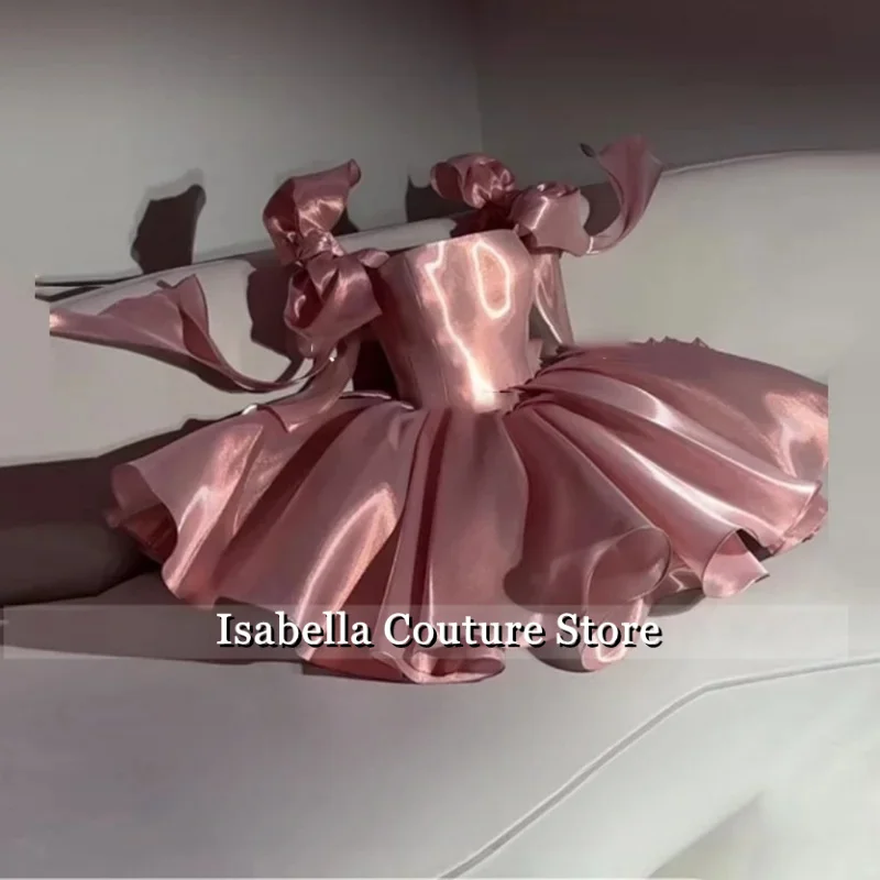 

Pink Elegant Formal Gown Satin Bows Sleeveless Prom Dresses with Pleated Mini Skirt Evening Dresses Party Dresses Customized