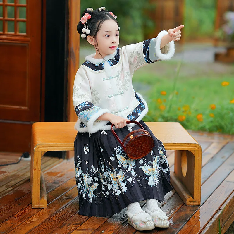 New Arrival  Princess Hanfu Dress Set Girls Traditional Chinese Flower Embroider Horse-Face Skirt Suit For Kids Children