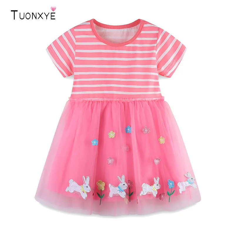 TUONXYE Sommerkleid für Kleinkinder, gestreift, Tüllkleid, niedliches Kaninchen, Blumenstickerei, kurzärmelig, Prinzessin, lässig, Baumwoll-Mesh-Kleider