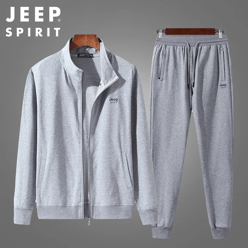 JEEP SPIRIT Men Suit Cotton Long-sleeved Trousers Spring Autumn Pure Color Breathable Cardigan Sportswear Simple Two-piece Set