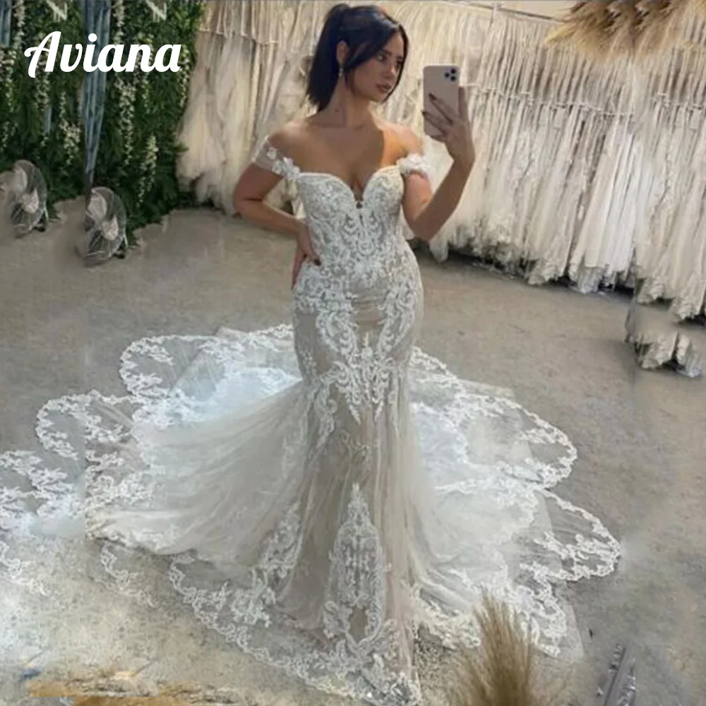 Vestido de Novia de sirena con Apliques de Encaje, Sexy, personalizado, con hombros descubiertos, escote en forma de corazón, cola de corte, Vestido de Novia Boda 2025