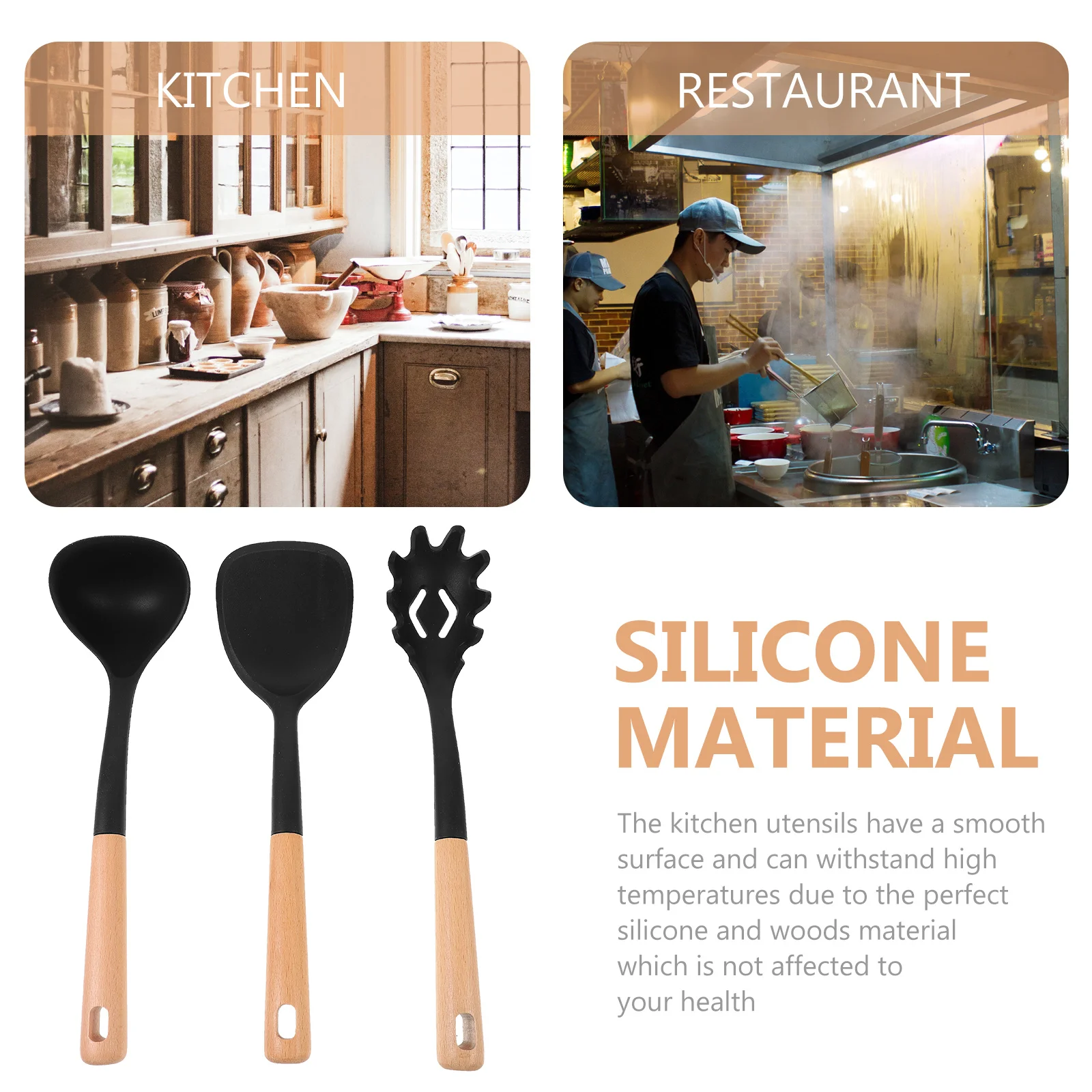

3Pcs Silicone Cooking Utensil Set Wood Handle Kitchen Tools Cooking Spatula Soup Spoon Noodle Spoon Nonstick Safe