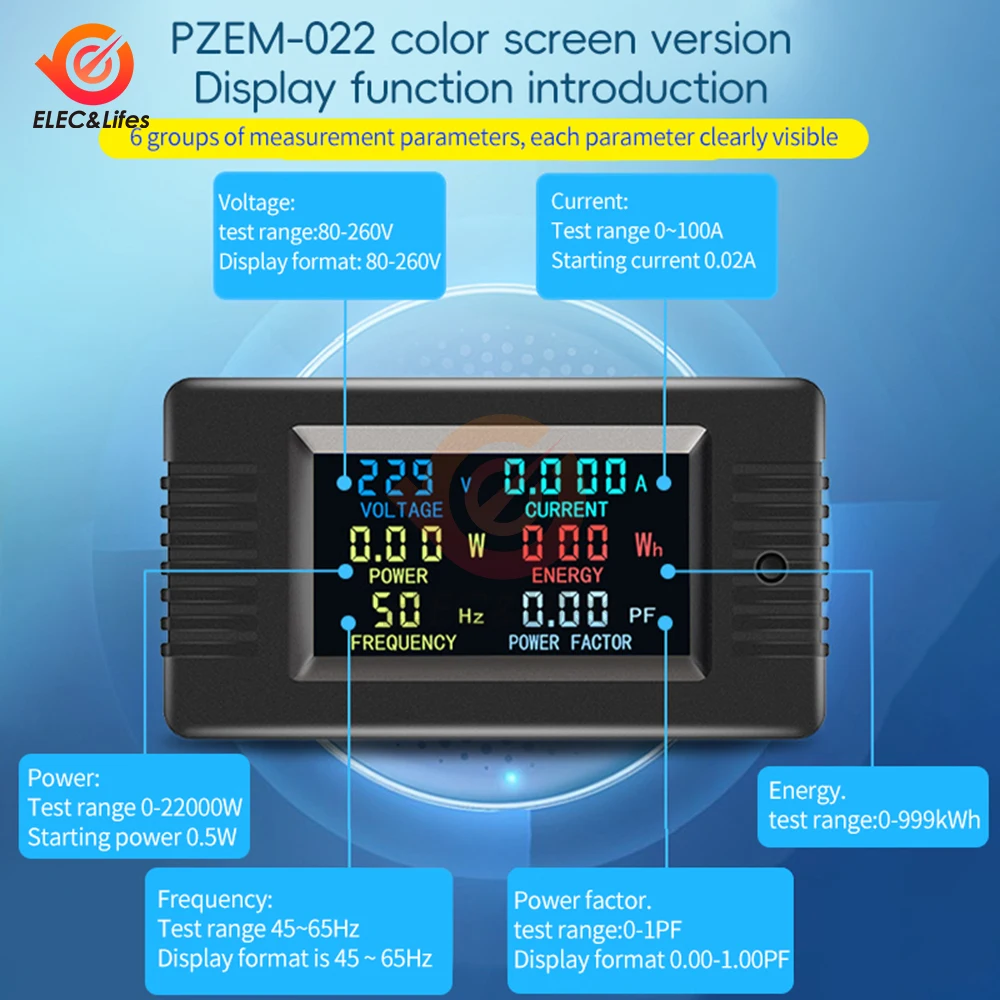 AC 80-260V woltomierz amperomierz PZEM-022 miernik energii mocy LCD cyfrowy AC watomierz miernik elektryczny 0-100A 2200W detektor mocy