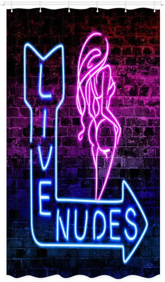 Funny Live Nudes Shower Curtain Sets, Neon Sign Sexy Girl Blue Red Brick Wall Fun Bathroom Decor Shower Curtains, Waterproof