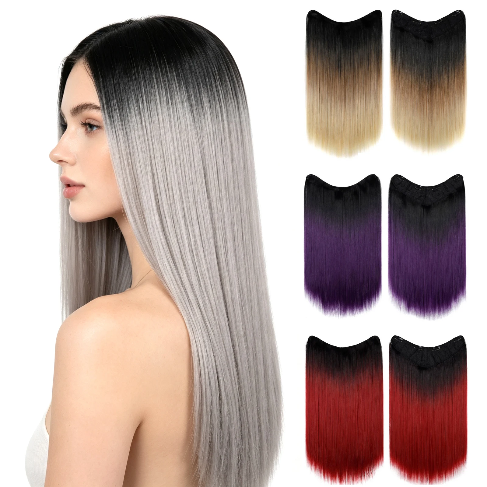 One Piece Clip In Hair Extension U-Shaped With 4 Clips Straight Black Brown Ombre Synthetic Hairpiece Wigs For Women Daily Party