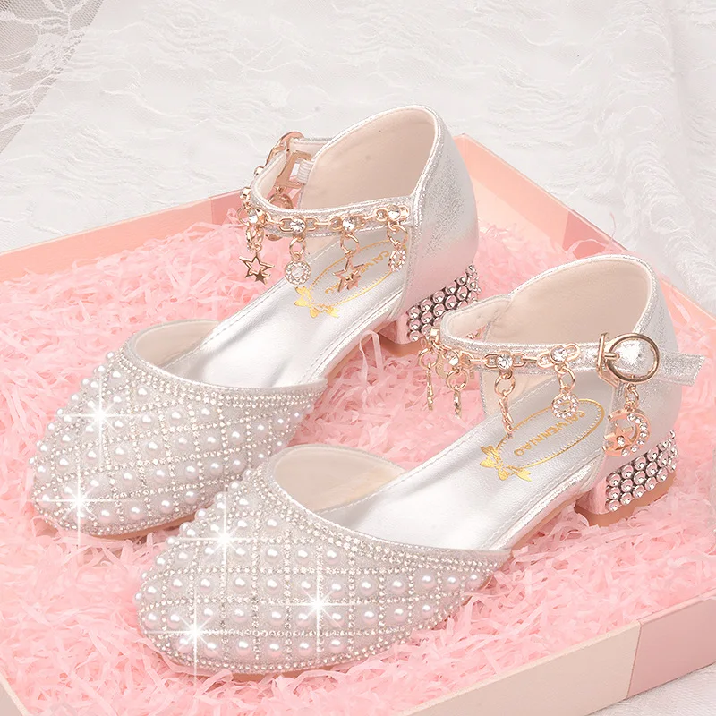 Girls High Heel Kids Sandals Pearl Teen Students Princess Crystal Party Performance Shoes Children Wedding Formal Dance Footwear