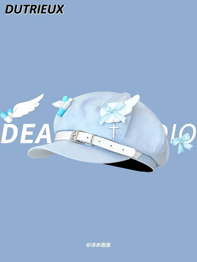 Y2k Niche Subculture Beret Children Personality Blue Wings Octagonal Cap Rivet Panda Newsboy Hat Summer Autumn New Japanese Hats image 2