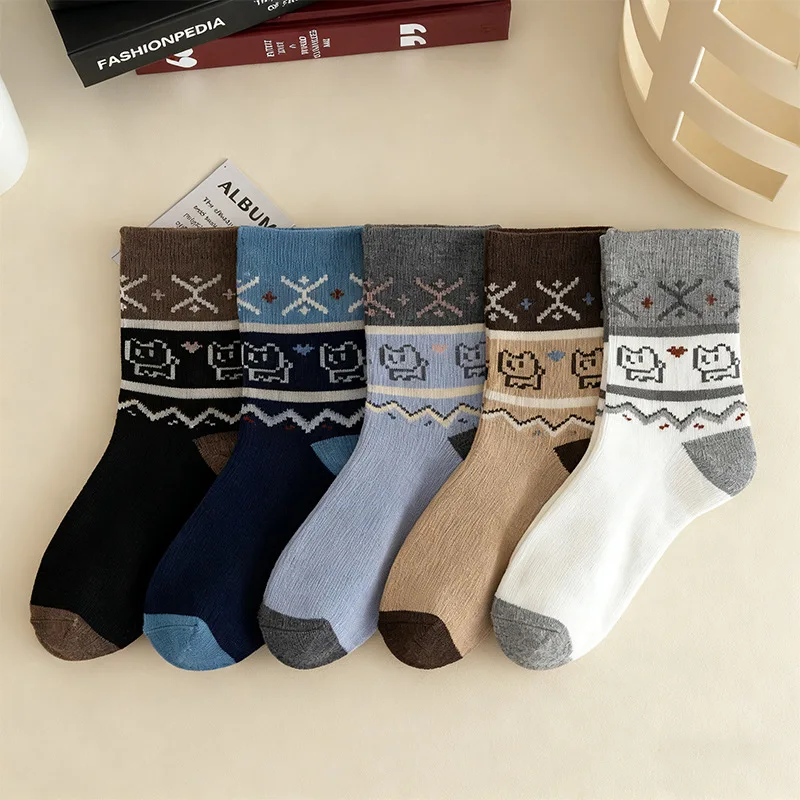 

5 Pairs Women's Socks Set Japanese Cute Cartoon Kitty Kawaii Sweet Mid Tube Socks Winter Warm Thickened Floor Socks For Girl