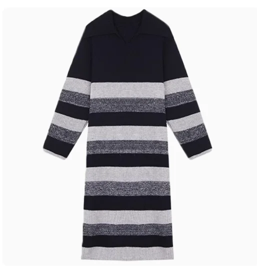 Korejpaa Elegant Retro Sweater Dress 2024 Autumn Winter Turn-down Collar Striped Knitted Dresses Women Gentle Warm Vestidos