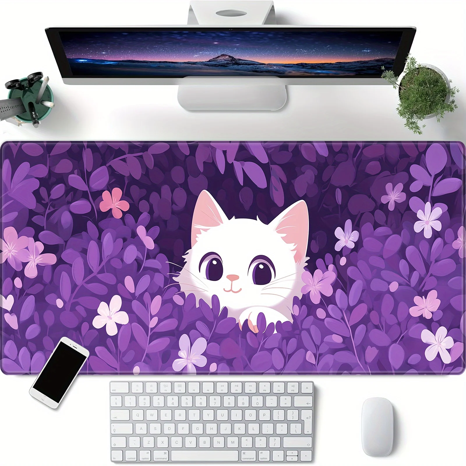 

White cat and purple flower kawaii Mouse Pad Desk Mat gaming mats rubber anti-slip Durable pc accessories keyboard mouse pads