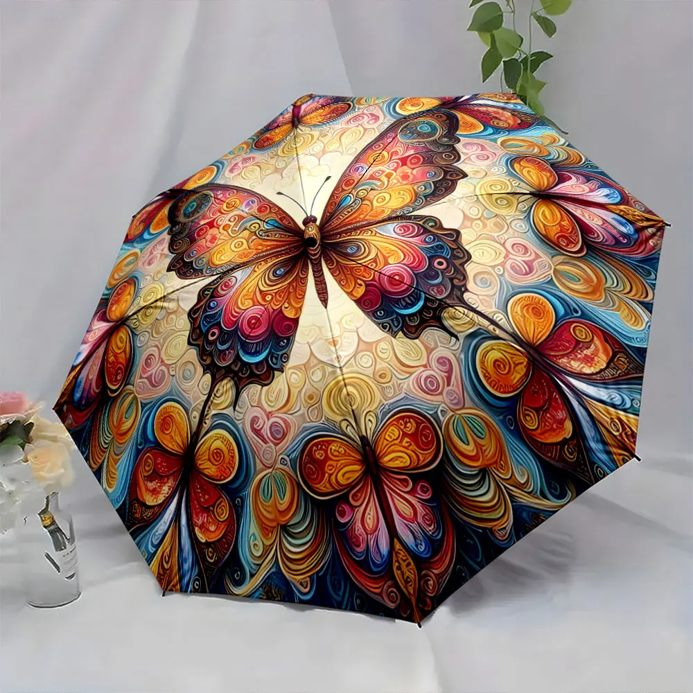 1PC Colorful Butterfly Pattern Umbrella with Intricate Details Print 8 Iron Ribs Folding Umbrella Auto-Open Fashion Sunshade