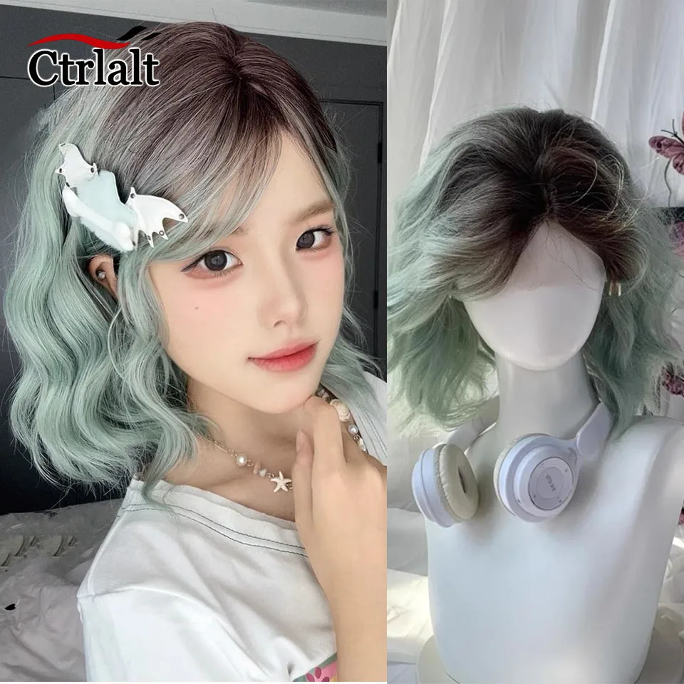 

Lolita Wig Short Wavy Ombre Green Pink Hair For Women Cosplay Synthetic Wig Daily Party Fluffy Wig With Bangs