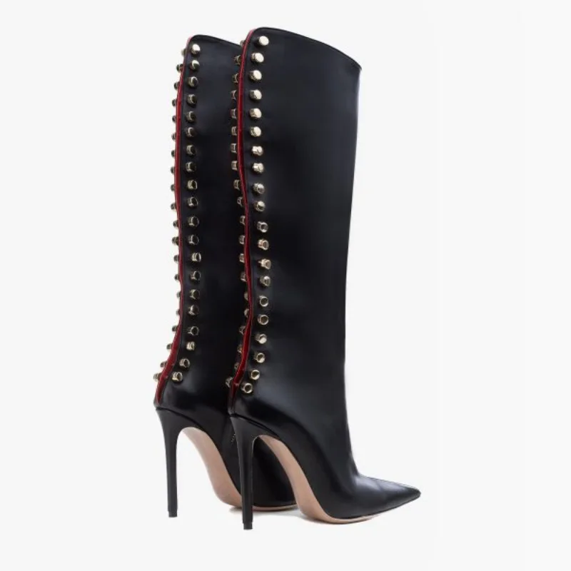 

Metal Decoration Black Pointed Toe Knee-High Women Boots Stiletto High Heels Side Zipper Design Large Size Fashion Shoes