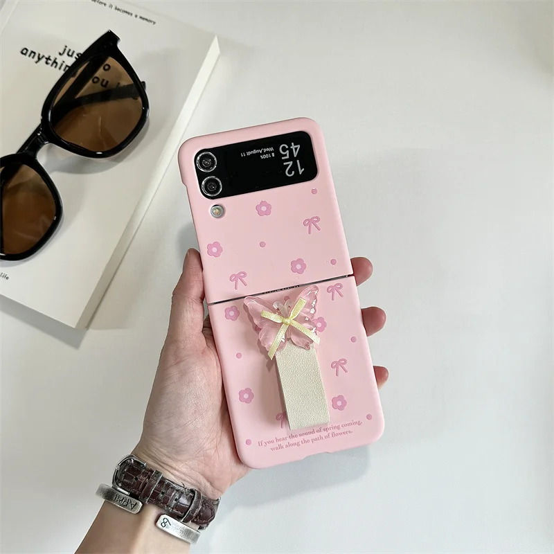 For Samsung Galaxy Z Flip 6 3 4 5 Case Z Flip6 ZFlip 6 ZFlip6 Ins Bow Flower Ring Bracelet Shockproof Back Cover