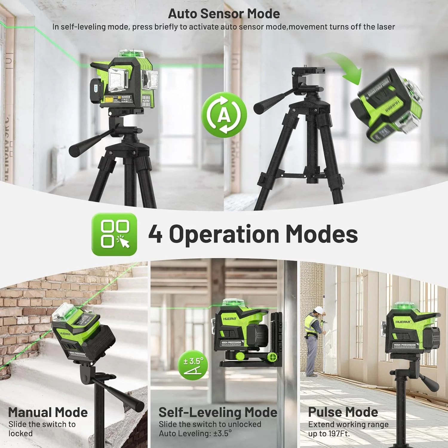 Huepar 3D Laser Level 360°Self Leveling High Accuracy with LCD Screen Li-ion Battery Adjust Brightness Green Beam Laser Lines