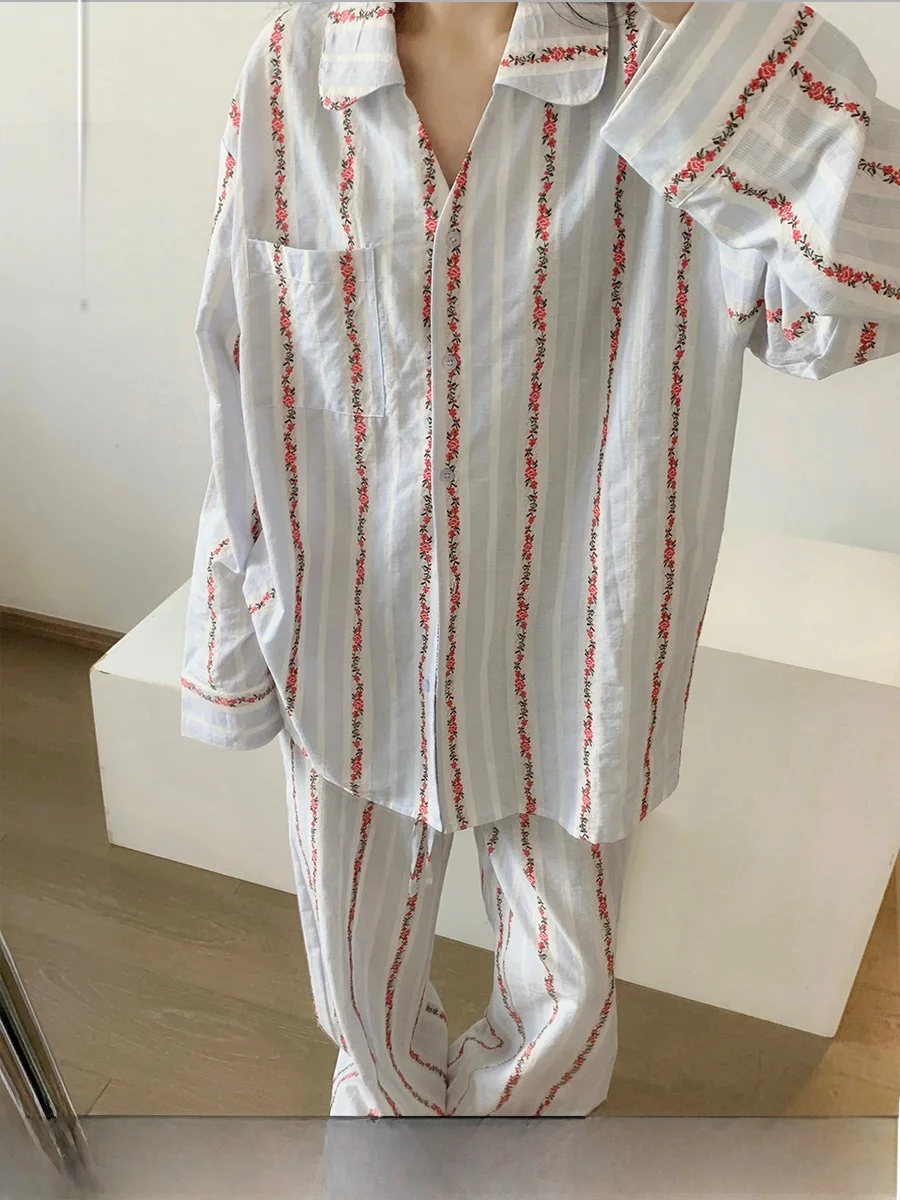 甘い花柄プリント長袖パジャマ女性のゆったりとした快適なホーム服セットプラスサイズ春秋スタイルカジュアルパンツ 1