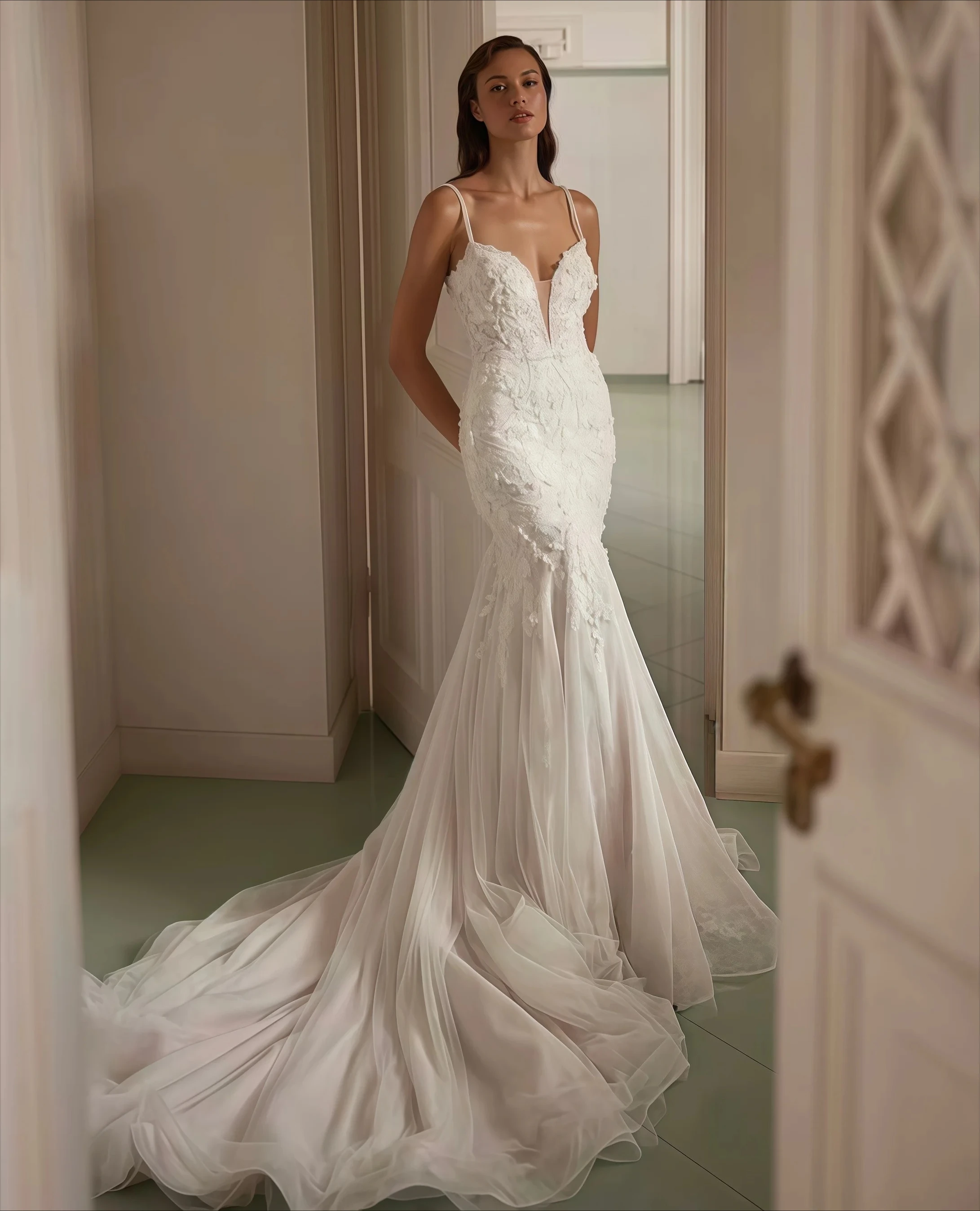 Customized Thin Strap Plunge V Mermaid Gown Fitted Waist Solid Smooth Bodice Minimalist Low Bare Back Ruffled Flared Hem Dress