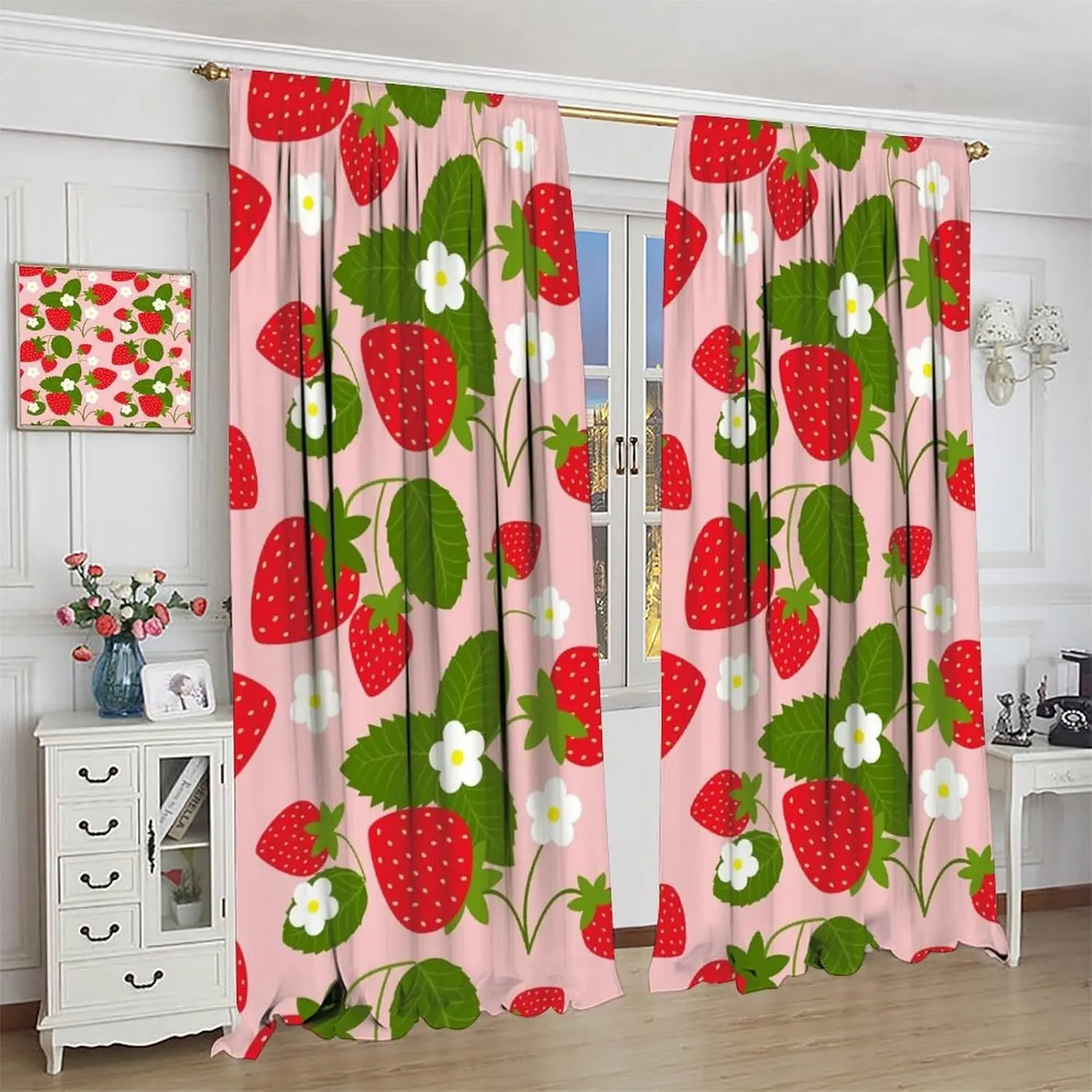 Fruit Window Curtains,Pink Cute Strawberry Green Leaves Flower Retro Art Print Window Drapes for Kids Girls Bedroom Living Room