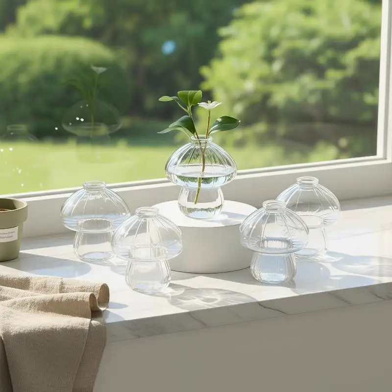 【HG】Cute Mushroom-Shaped Plastic Vase Clear Mini Ribbed Planter For Hydroponics, Small Flowers & Desk Decor