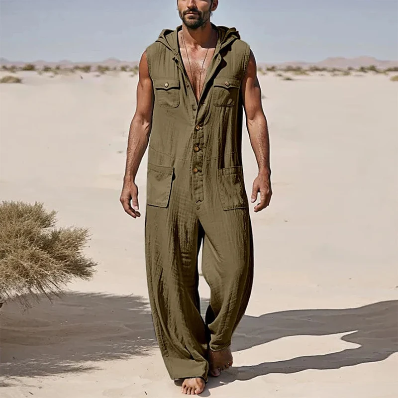 Retro Button-up Hooded Romper Mens Casual Loose Straight Pant Overalls Men Jumpsuits Spring Summer Vintage Solid Color Jumpsuits