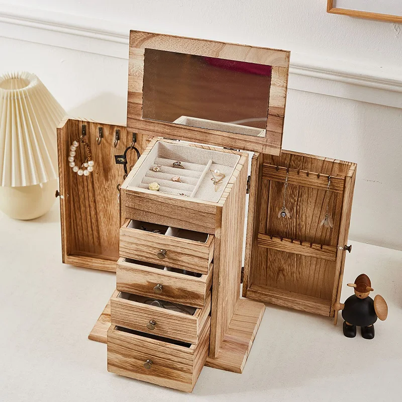

Wooden Jewelry Box Large Retro Ring Storage Boxes Mirror Bracelet Earring Necklace Display Case Organizers Packaging Supplies