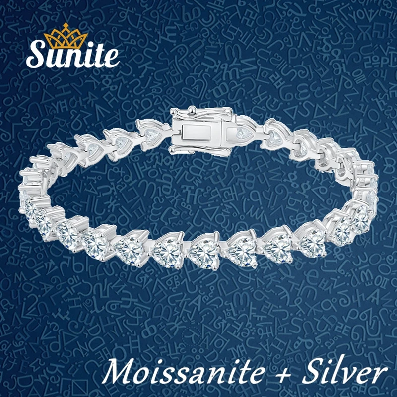 Sunite 0.8ct 0.3ct Moissanite Diamond Lover Heart Bracelet for Women Girls Sparkling Bangle 925 Sterling Silver