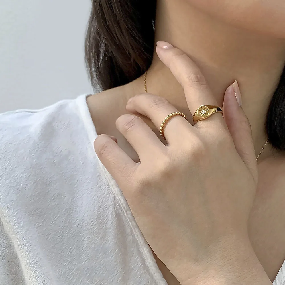 Valily North Star Stainless Steel Simple Signet Band Ring for Women Everyday Jewelry