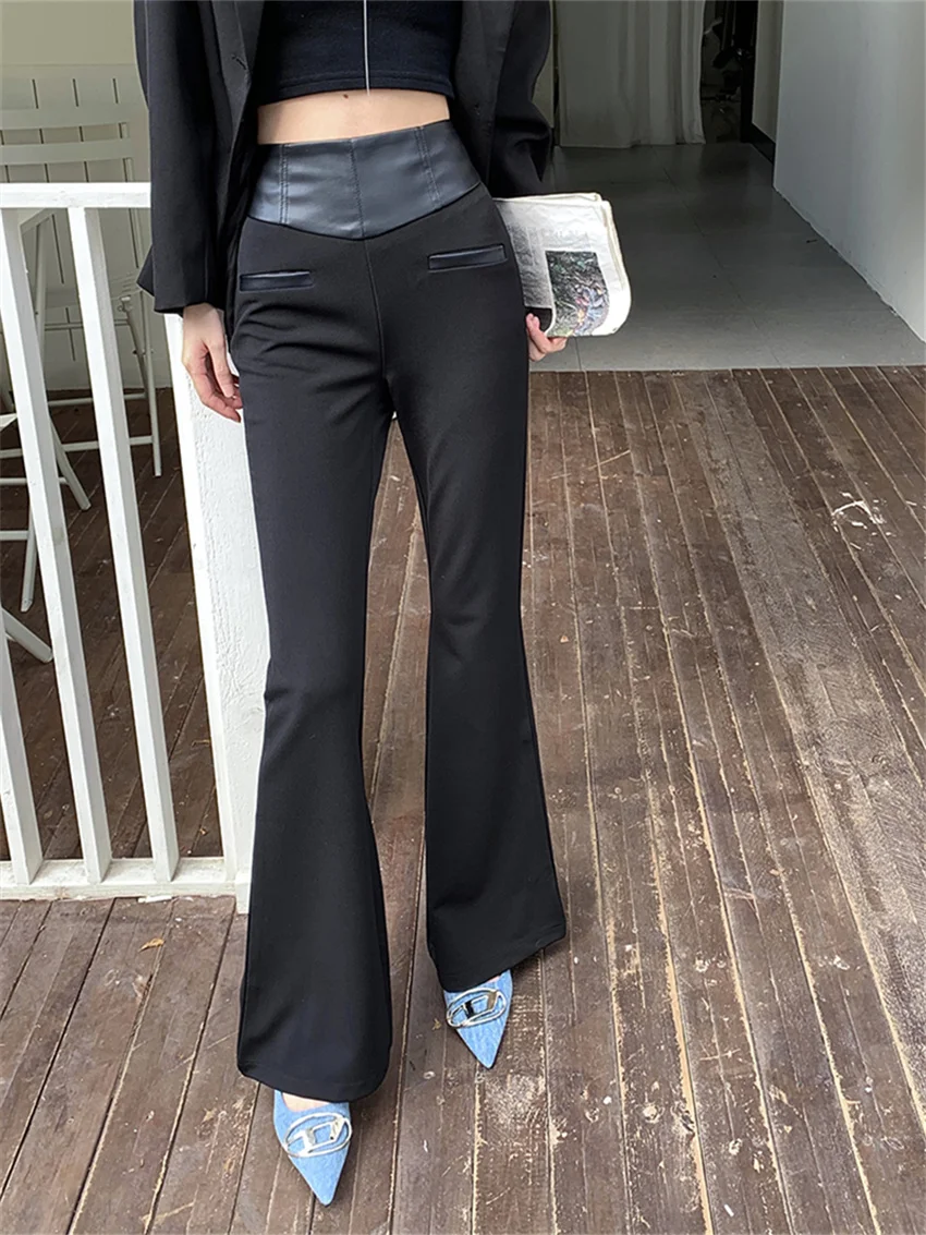 

Alien Kitty Black Patchwork PU Casual Pants Women Chic Autumn 2023 Office Lady Streetwear Loose High Waist Slim Flare Trousers