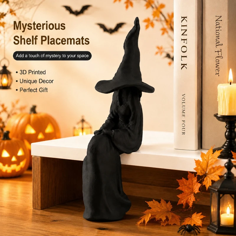 3D‑Printed Faceless Witch Bookshelf Figurine Mysterious Black Sitting Witch Statue Spooky Halloween Home Shelf Decor Ornament