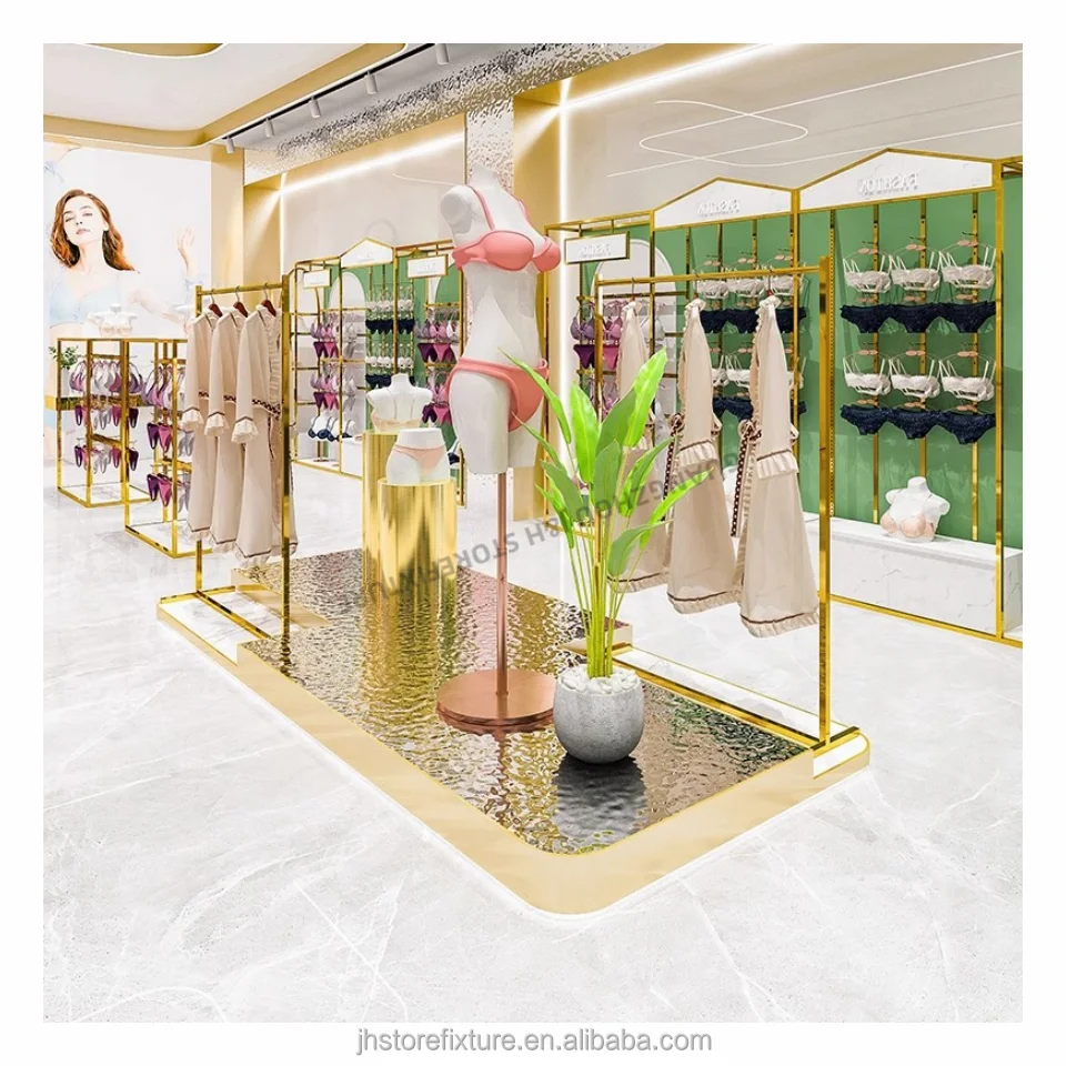 Fabrikpreis Freistehendes Dessous-Display-Regal aus Edelstahl, glänzendes Gold, Dessous-Display-Ständer, Unterwäsche-Display-Rack