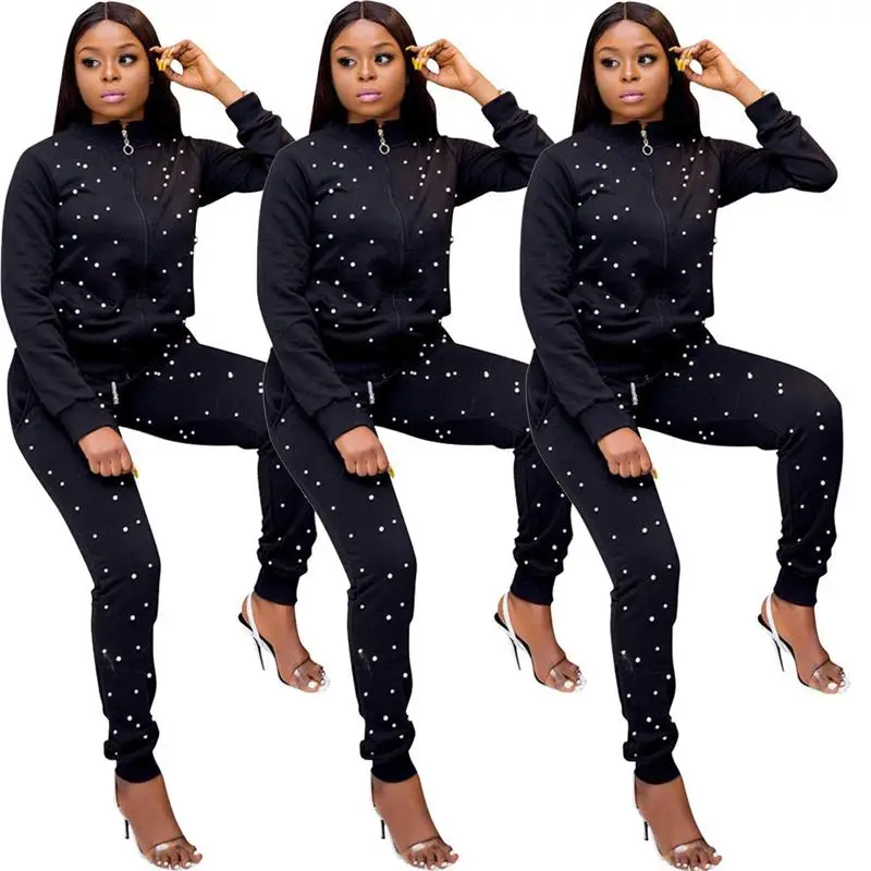 

Комплект из двух предметов: спортивный костюм с бисером, верхняя одежда, женская мода, осень-весна, взрослый размер, удобный крой, спортивный стиль