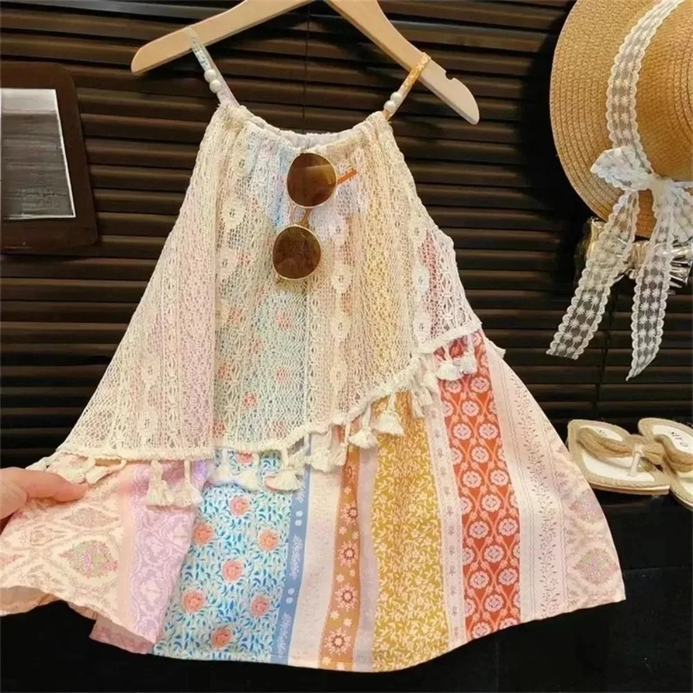 Bär Führer Sommer Mädchen Süße Kleid Quaste Patchwork Druck Ausbleichen Casual Prinzessin Kleid Modische Kinder Kleidung