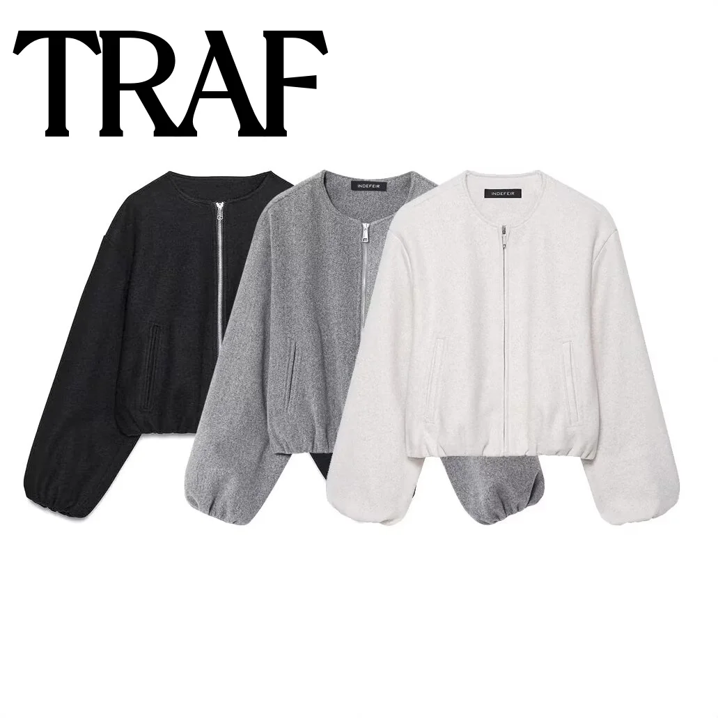 

TRAF French round neck zipper simple women's autumn new item 2025 solid color long sleeved soft versatile pilot jacket