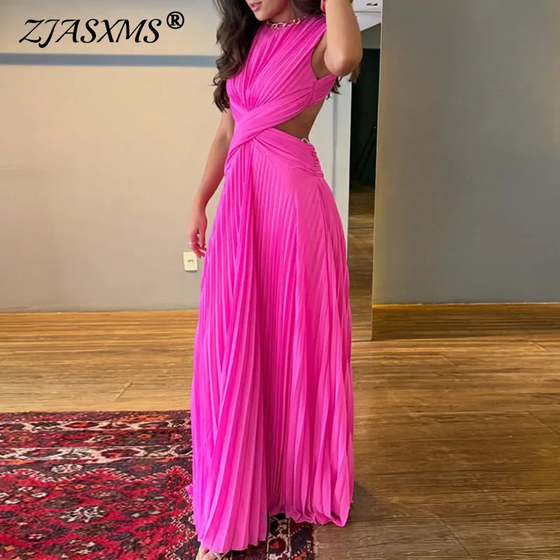 Boho Women's O Neck Backless Banquet Dress Elegant Solid Cutout Waist Pleated Maxi Dress New Spring Summer Sleeveless Long Dress