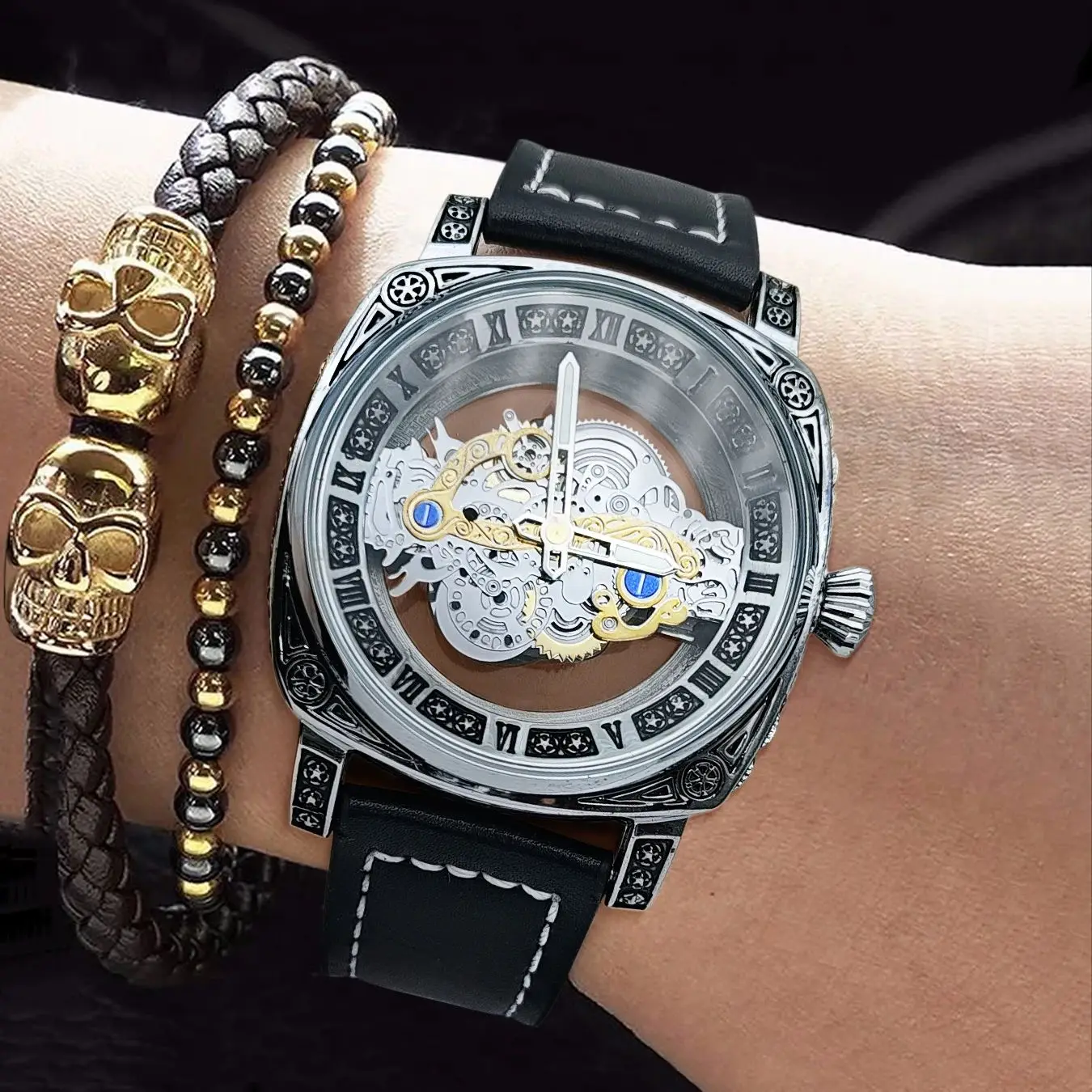 ساعة رجال الأعمال الفاخرة الراقية، تصميم مربع مجوف على الوجهين، مضيئة، مقاومة للماء، ساعة كوارتز، ساعة رجالية عصرية كاجوال بسيطة وأنيقة، طراز أوروبي وأمريكي #3