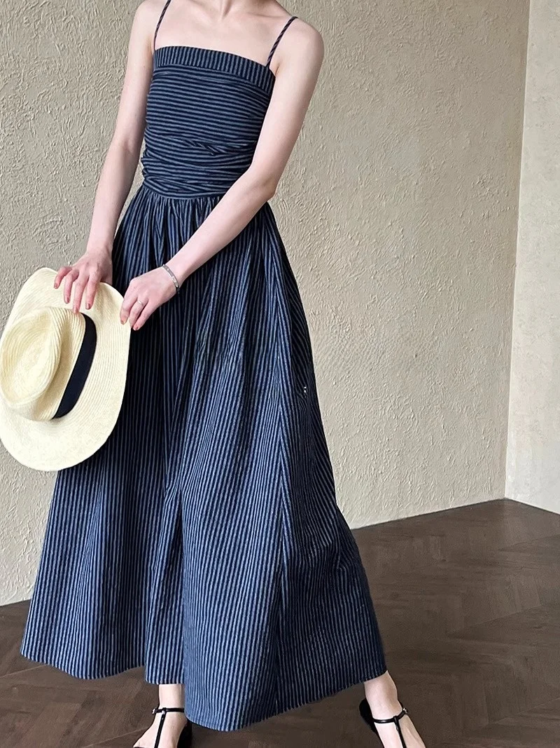 

ROUJE KEFSS Summer New Design A-Line Midi Dress Women's Sleeveless Stripe Dress Elegant Long Gown High-End Sensation