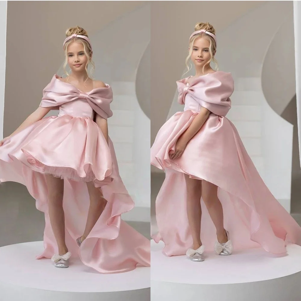 

JDY розовое платье с цветочным узором для девочек на заказ, свадебное атласное платье с бантом и открытыми плечами, простое детское бальное платье для дня рождения, первого причастия