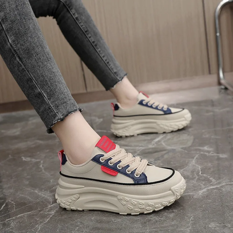 New 2024 Leather Sneakers Womens Shoes Summer Fashion Students Casual Zapatos De Mujer Thick Bottom Sports Female Platform Shoes