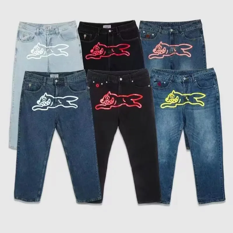 American retro high street flying dog loose version wide leg jeans trendy high street washed denim trousers skinny jeans men