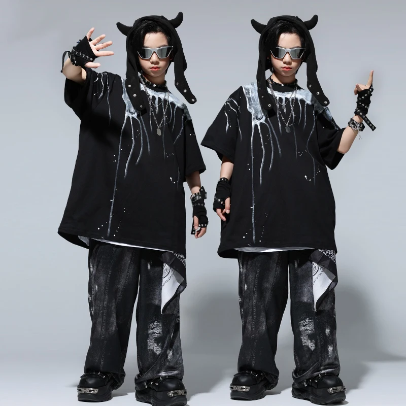 Baggy Schwarz Hip Hop Kleidung Kinder Teenager Street Dance Kleidung Kurzen Ärmeln Tops Hosen Mädchen Jazz Praxis Zeigen Tragen BL15804
