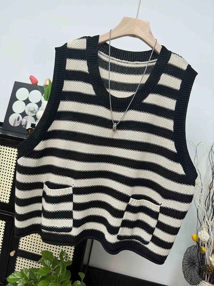 

High Quality Knitted Vest for Women in Autumn and Winter, New Loose Striped Sweater, Worn Over The Shoulder for Slimming Effect