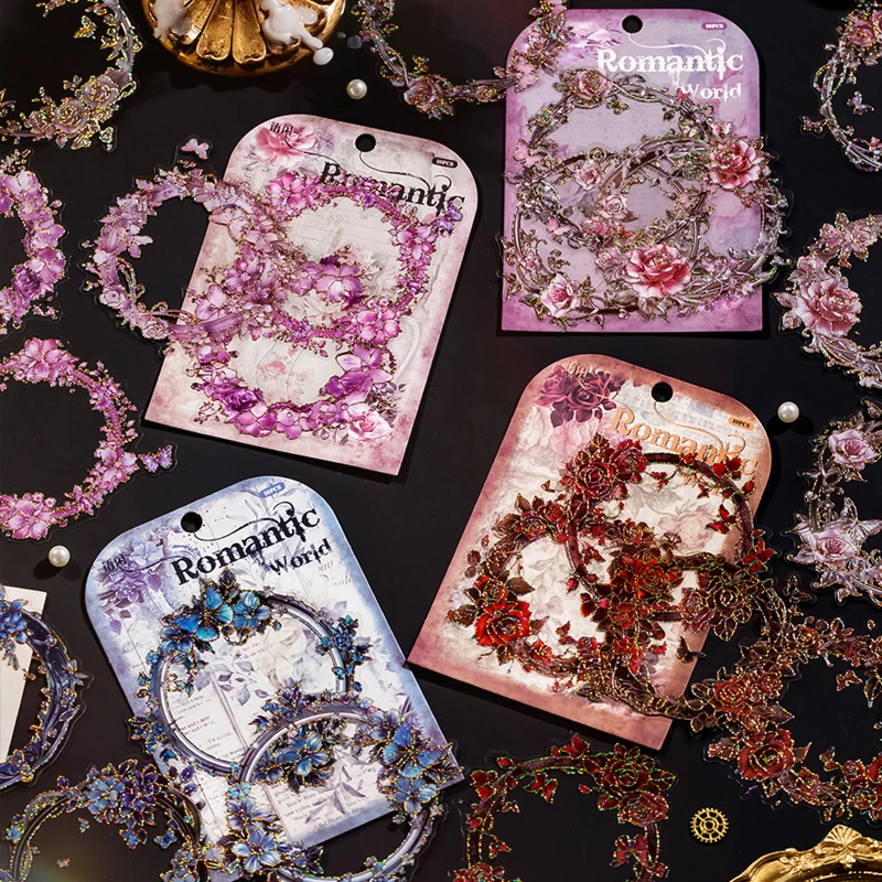 Mr. Paper 4 style 10pcs/pack vintage pet three-dimensional hot stamping sticker floral round frame theme DIY handbook decoration