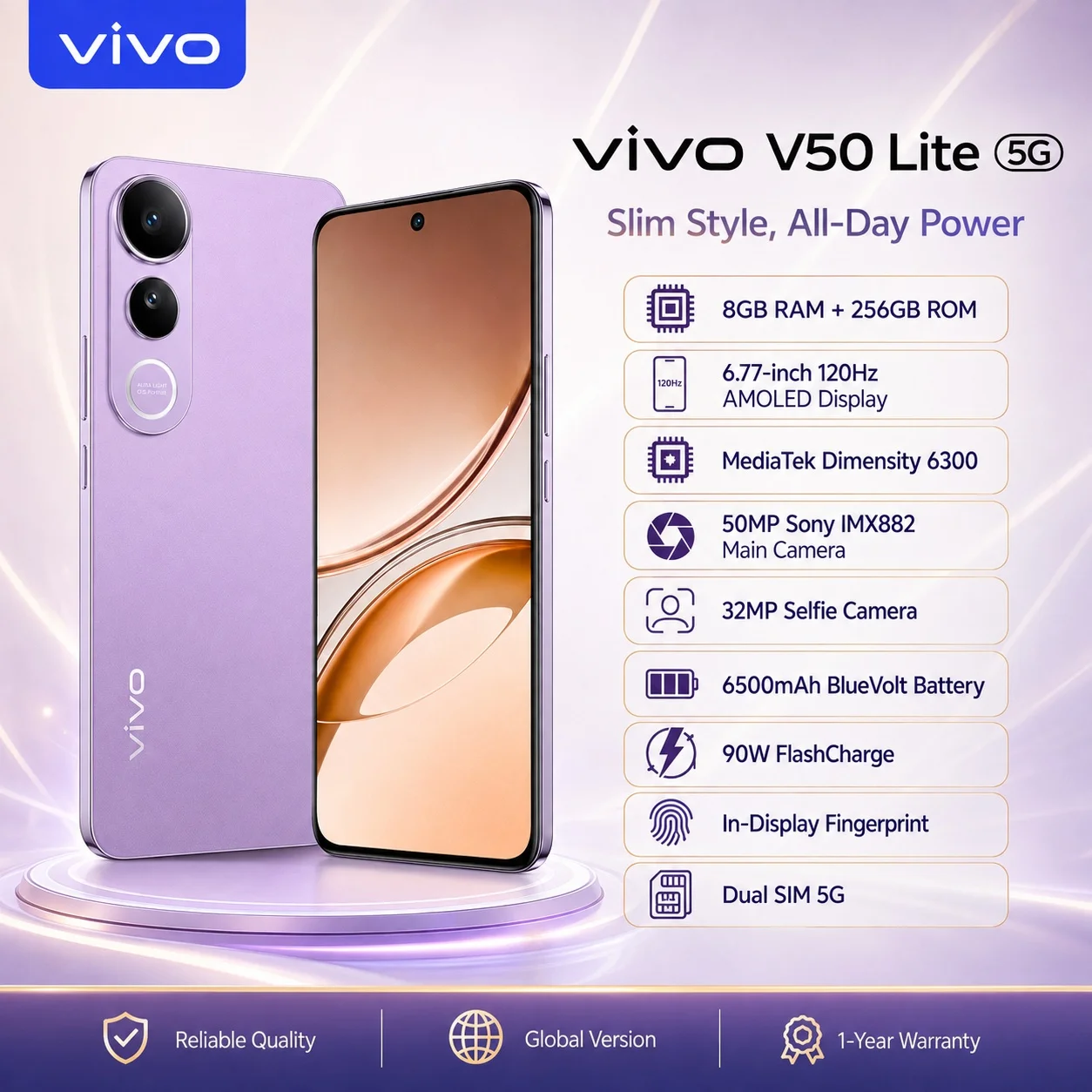 Novo vivo V50 Lite 5G 2026, 8GB+256GB, Dimensity 6300 5G, AMOLED de 6,77'' 120Hz, Câmera Sony de 50MP, Bateria de 6500mAh, Carregamento Rápido de 90W