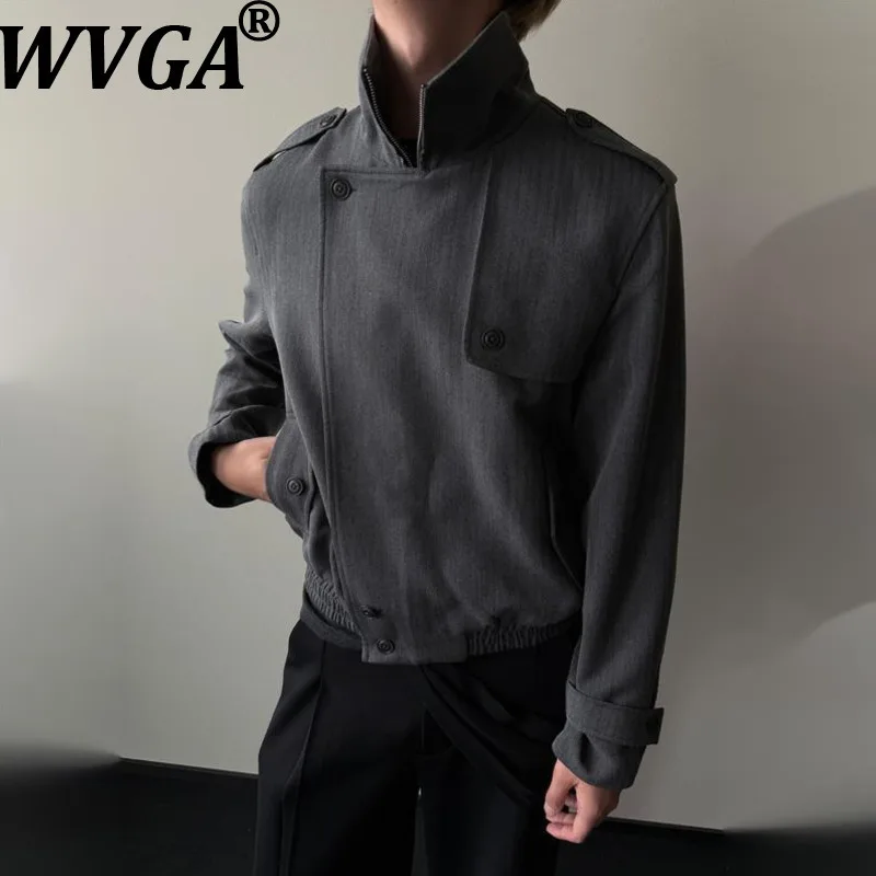 WVGA Spring Autumn New Men Double-placket Stand-up Collar Two-way Wear Herringbone Shoulder Jacket Niche Casual Coats Ins W26884