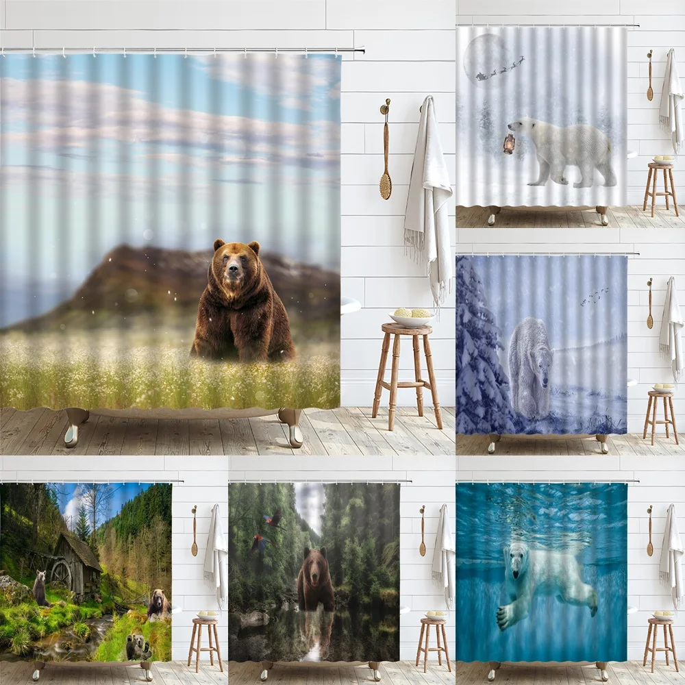 Forest Bear Shower Curtain Misty Mountains Wildlife Farm Rustic Jungle Stream Natural Landscape Fabric Bathroom Decor Curtains