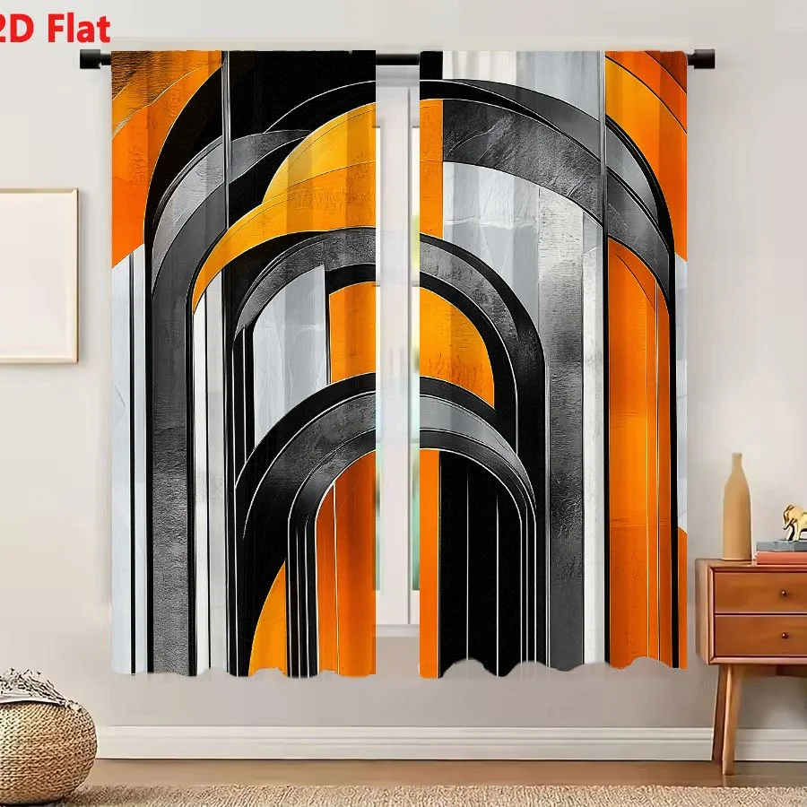 2Pcs Curtains Add 2D Flat Abstract Geometric Art Deco Composition With Nested Concentric Arches And Bold Orange White Gray Panel