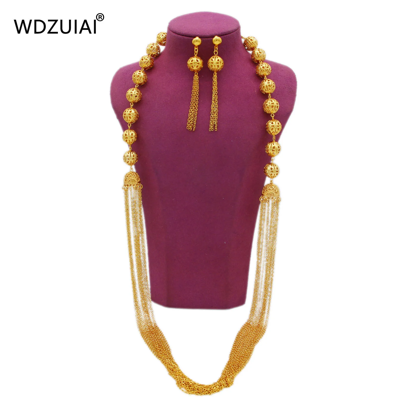 WDZUIAI Necklace/Earrings Set 24K Gold Color for African Ethiopian French Women Girl Party Ornament Wedding Jewelry