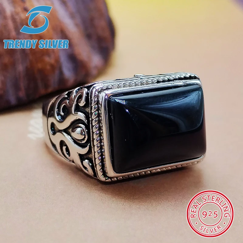 luxury Mens Man rings real 925 sterling silver certified original jewelry for men natural gemstone black onyx stone ring male