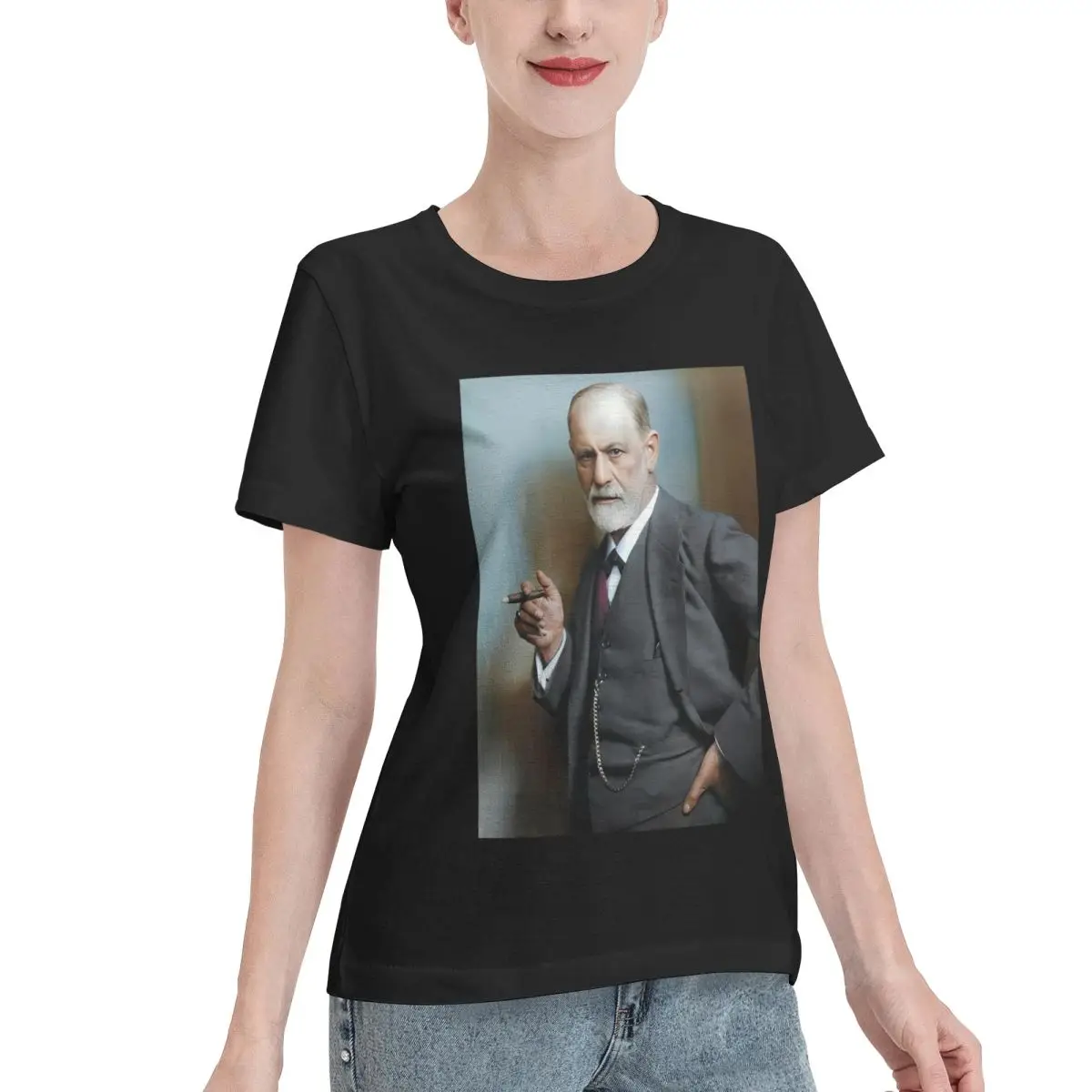 Street Pick Sigmund Freud 1921 Women's T-shirt Solid Color Plain Cotton Top