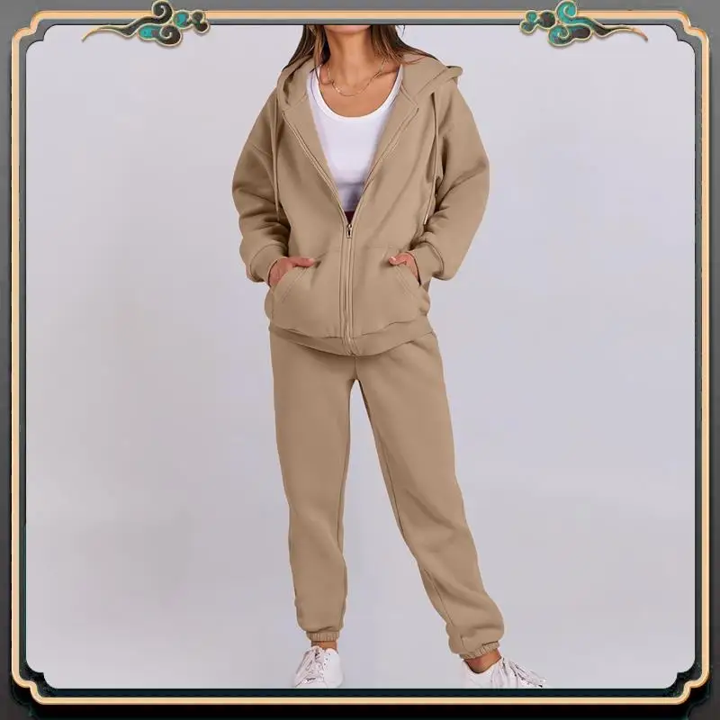 B11A-Mulheres zip up hoodies manga longa cor sólida outono casual moda jaquetas com calças conjunto